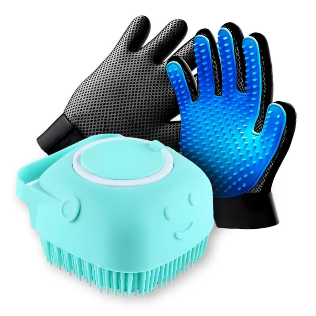Kit Limpeza Pet com escova porta shampoo e luva tira p&ecirc;los